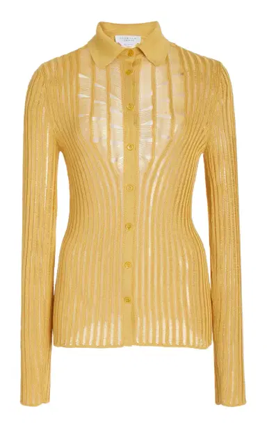 Gabriela Hearst Aera Knit Shirt in Gold Shappe Silk | Thumbnail 1 Gabriela Hearst Aera Knit Shirt in Gold Shappe Silk | Thumbnail 1