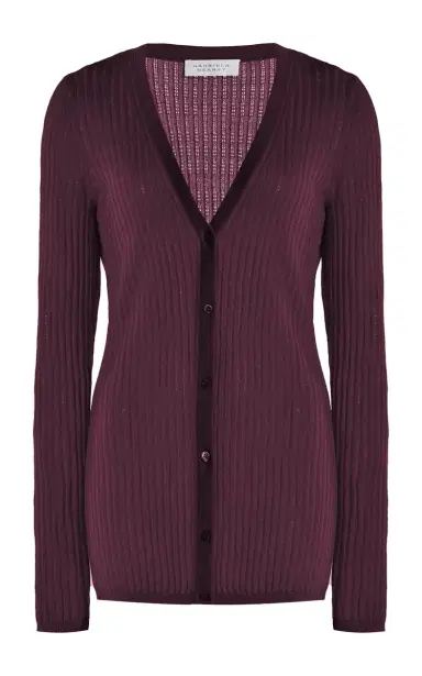 GABRIELA HEARST Emma Pointelle Knit Cardigan in Deep Bordeaux Cashmere Silk | Thumbnail 1 GABRIELA HEARST Emma Pointelle Knit Cardigan in Deep Bordeaux Cashmere Silk | Thumbnail 1