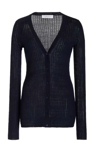 Gabriela Hearst Emma Pointelle Knit Cardigan in Dark Navy Cashmere Silk | Thumbnail 1 Gabriela Hearst Emma Pointelle Knit Cardigan in Dark Navy Cashmere Silk | Thumbnail 1
