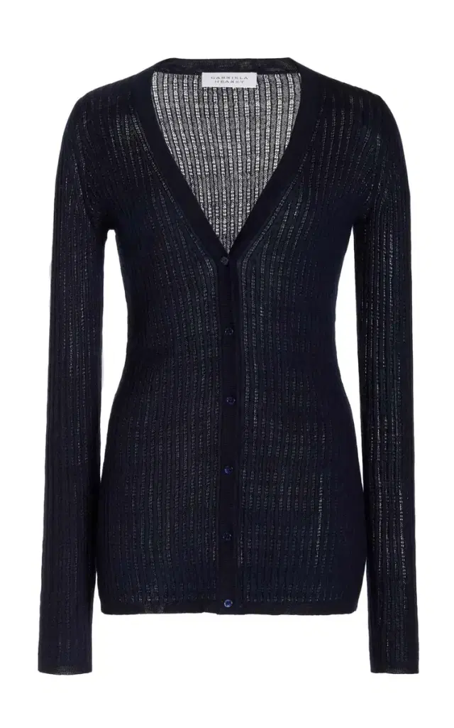 Emma Pointelle Knit Cardigan in Dark Navy Cashmere Silk Emma Pointelle Knit Cardigan in Dark Navy Cashmere Silk