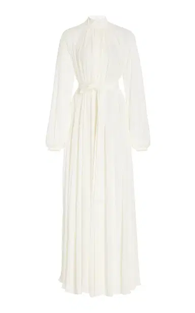 GABRIELA HEARST Cedric Pleated Dress in Silk Georgette Twill | Thumbnail 1 GABRIELA HEARST Cedric Pleated Dress in Silk Georgette Twill | Thumbnail 1