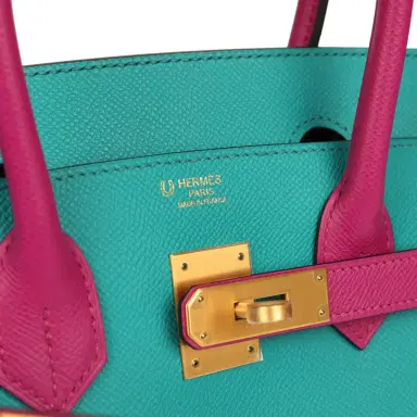 HERMÈS Hermes Special Order (HSS) Birkin 30 Bleu Paon and Rose Poupre Brushed Gold Hardware | Thumbnail 7 HERMÈS Hermes Special Order (HSS) Birkin 30 Bleu Paon and Rose Poupre Brushed Gold Hardware | Thumbnail 7