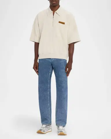 Bottega Veneta Men's Intrecciato Suede-Trim Jersey Polo Shirt | Thumbnail 2 Bottega Veneta Men's Intrecciato Suede-Trim Jersey Polo Shirt | Thumbnail 2