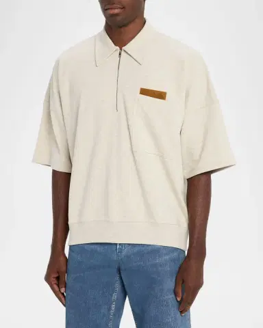 Bottega Veneta Men's Intrecciato Suede-Trim Jersey Polo Shirt | Thumbnail 4 Bottega Veneta Men's Intrecciato Suede-Trim Jersey Polo Shirt | Thumbnail 4