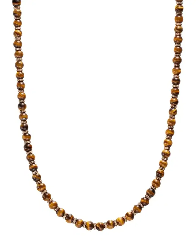 Men 's Spiritual Beads Tiger 's Eye Necklace with 18K Rose Gold and Cognac Diamonds, 6mm, 20"L Men 's Spiritual Beads Tiger 's Eye Necklace with 18K Rose Gold and Cognac Diamonds, 6mm, 20"L