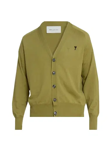 AMI PARIS Men's Embroidered Logo Wool Cardigan - Matcha Noir | Thumbnail 1 AMI PARIS Men's Embroidered Logo Wool Cardigan - Matcha Noir | Thumbnail 1