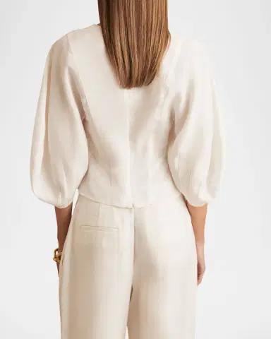 Reiss Remi Cropped Blouson-Sleeve Linen Blouse | Thumbnail 2 Reiss Remi Cropped Blouson-Sleeve Linen Blouse | Thumbnail 2