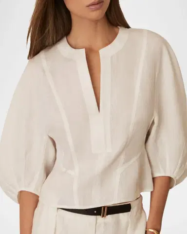 Reiss Remi Cropped Blouson-Sleeve Linen Blouse | Thumbnail 3 Reiss Remi Cropped Blouson-Sleeve Linen Blouse | Thumbnail 3