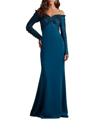 Tadashi Shoji Off-Shoulder Pleated Taffeta and Crepe Gown | Thumbnail 1 Tadashi Shoji Off-Shoulder Pleated Taffeta and Crepe Gown | Thumbnail 1