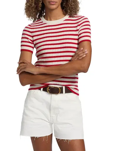Nili Lotan Women's Alita Cashmere Short-Sleeve Sweater - Ivory Red Stripe - Size XL | Thumbnail 3 Nili Lotan Women's Alita Cashmere Short-Sleeve Sweater - Ivory Red Stripe - Size XL | Thumbnail 3