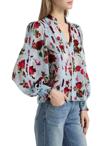 Alice + Olivia Women's Arlette Floral Lace Blouse - American Beauty Carolina Blue - Size XS | Thumbnail 4 Alice + Olivia Women's Arlette Floral Lace Blouse - American Beauty Carolina Blue - Size XS | Thumbnail 4