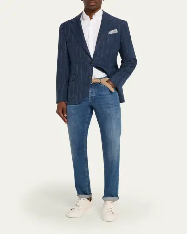 Brunello Cucinelli Men's Wool Chalk Stripe Chevron Blazer | Thumbnail 2 Brunello Cucinelli Men's Wool Chalk Stripe Chevron Blazer | Thumbnail 2