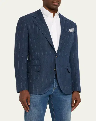 Brunello Cucinelli Men's Wool Chalk Stripe Chevron Blazer | Thumbnail 4 Brunello Cucinelli Men's Wool Chalk Stripe Chevron Blazer | Thumbnail 4