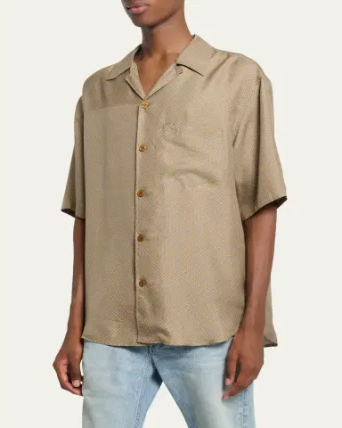 Saint Laurent Men's Silk Micro-Geometric Short-Sleeve Shirt | Thumbnail 4 Saint Laurent Men's Silk Micro-Geometric Short-Sleeve Shirt | Thumbnail 4