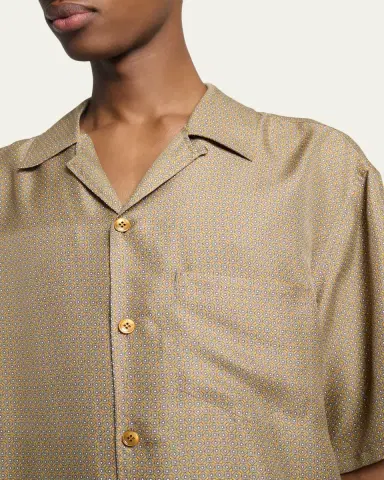 Saint Laurent Men's Silk Micro-Geometric Short-Sleeve Shirt | Thumbnail 5 Saint Laurent Men's Silk Micro-Geometric Short-Sleeve Shirt | Thumbnail 5