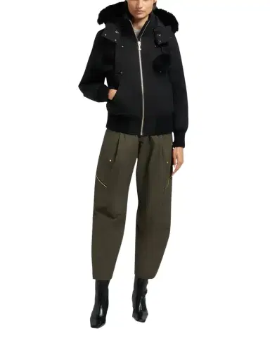 Moose Knuckles Debbie Bomber Jacket with Detachable Hood, Shearling Trim, & Pom Poms | Thumbnail 1 Moose Knuckles Debbie Bomber Jacket with Detachable Hood, Shearling Trim, & Pom Poms | Thumbnail 1