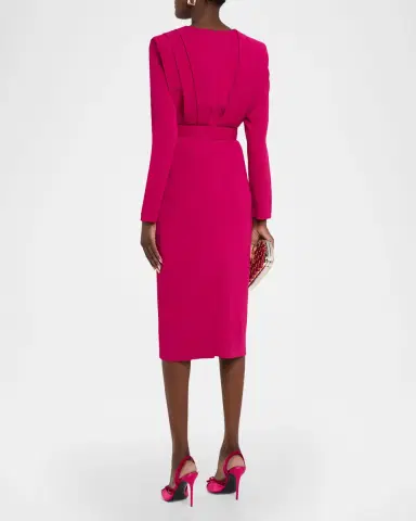 Badgley Mischka Stretch Crepe Belted V-Neck Midi-Dress | Thumbnail 2 Badgley Mischka Stretch Crepe Belted V-Neck Midi-Dress | Thumbnail 2