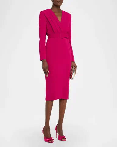 Badgley Mischka Stretch Crepe Belted V-Neck Midi-Dress | Thumbnail 3 Badgley Mischka Stretch Crepe Belted V-Neck Midi-Dress | Thumbnail 3