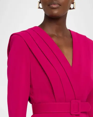 Badgley Mischka Stretch Crepe Belted V-Neck Midi-Dress | Thumbnail 4 Badgley Mischka Stretch Crepe Belted V-Neck Midi-Dress | Thumbnail 4