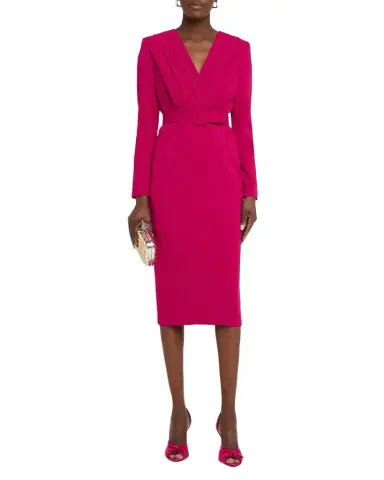 Badgley Mischka Stretch Crepe Belted V-Neck Midi-Dress | Thumbnail 1 Badgley Mischka Stretch Crepe Belted V-Neck Midi-Dress | Thumbnail 1