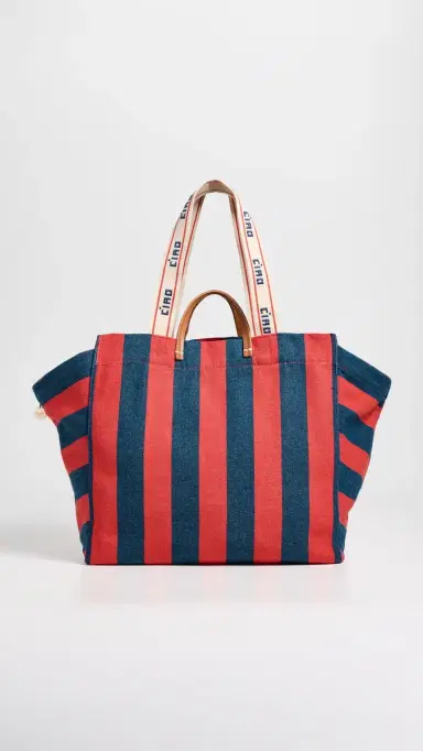 Clare V. Canvas Stripe Beach Tote Bag Poppy/French Blue One Size | Thumbnail 2 Clare V. Canvas Stripe Beach Tote Bag Poppy/French Blue One Size | Thumbnail 2