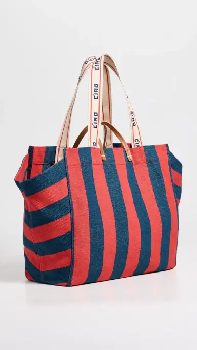 Clare V. Canvas Stripe Beach Tote Bag Poppy/French Blue One Size | Thumbnail 4 Clare V. Canvas Stripe Beach Tote Bag Poppy/French Blue One Size | Thumbnail 4