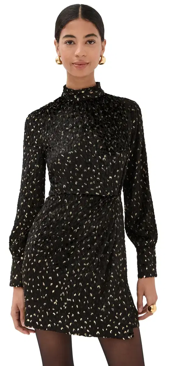 Daphne Long Sleeve Draped Mock Neck Mini Dress Black multi Daphne Long Sleeve Draped Mock Neck Mini Dress Black multi