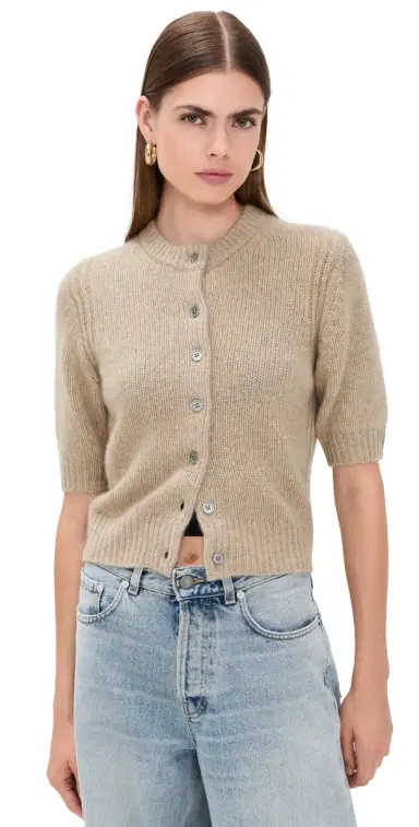 White & Warren Cashmere Elbow Sleeve Cardigan Taupe Heather | Thumbnail 1 White & Warren Cashmere Elbow Sleeve Cardigan Taupe Heather | Thumbnail 1