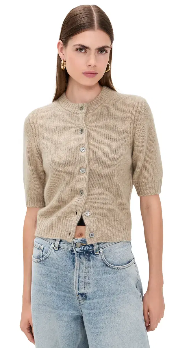 Cashmere Elbow Sleeve Cardigan Taupe Heather Cashmere Elbow Sleeve Cardigan Taupe Heather