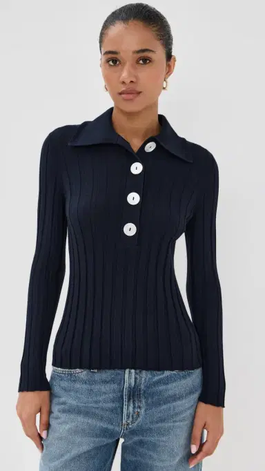 Nackiye ugarman Knit Long leeve Polo Navy | Thumbnail 2 Nackiye ugarman Knit Long leeve Polo Navy | Thumbnail 2