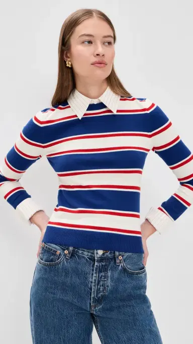 ALICE + OLIVIA Porla Collared Sweater Americana tripe | Thumbnail 2 ALICE + OLIVIA Porla Collared Sweater Americana tripe | Thumbnail 2