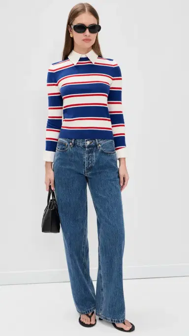 ALICE + OLIVIA Porla Collared Sweater Americana tripe | Thumbnail 5 ALICE + OLIVIA Porla Collared Sweater Americana tripe | Thumbnail 5