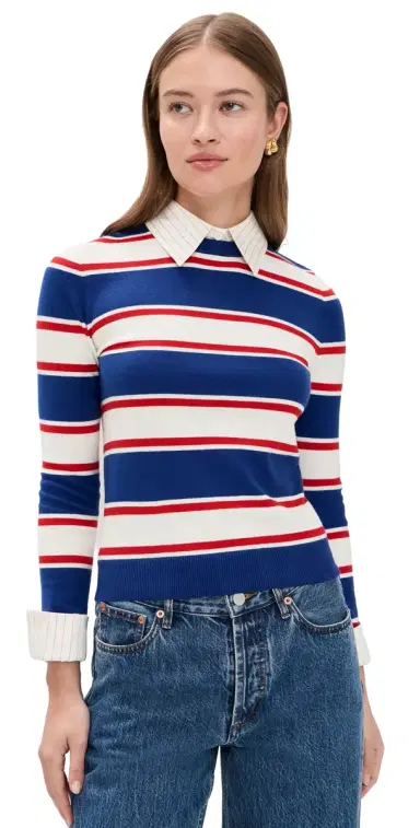 ALICE + OLIVIA Porla Collared Sweater Americana tripe | Thumbnail 1 ALICE + OLIVIA Porla Collared Sweater Americana tripe | Thumbnail 1