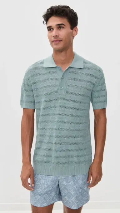 Frescobol Carioca Vidal Cotton Jacquard Wave Short Sleeve Buttoned Polo Coastal Blue | Thumbnail 2 Frescobol Carioca Vidal Cotton Jacquard Wave Short Sleeve Buttoned Polo Coastal Blue | Thumbnail 2
