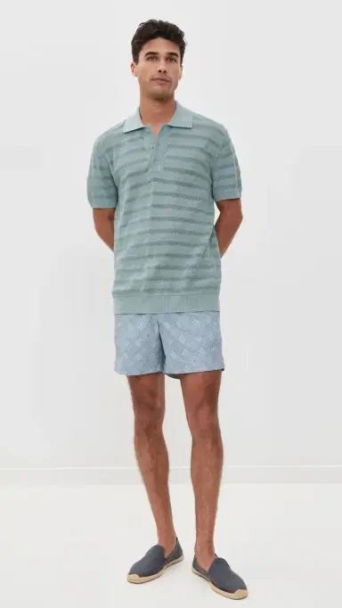 Frescobol Carioca Vidal Cotton Jacquard Wave Short Sleeve Buttoned Polo Coastal Blue | Thumbnail 5 Frescobol Carioca Vidal Cotton Jacquard Wave Short Sleeve Buttoned Polo Coastal Blue | Thumbnail 5