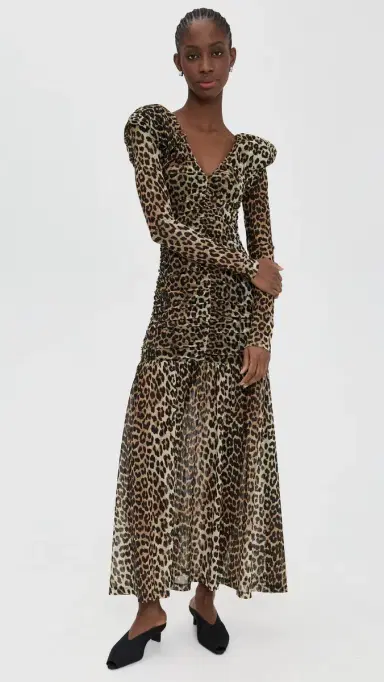 GANNI Printed Mesh Long Ruched Dress Big Leopard Almond Milk | Thumbnail 2 GANNI Printed Mesh Long Ruched Dress Big Leopard Almond Milk | Thumbnail 2