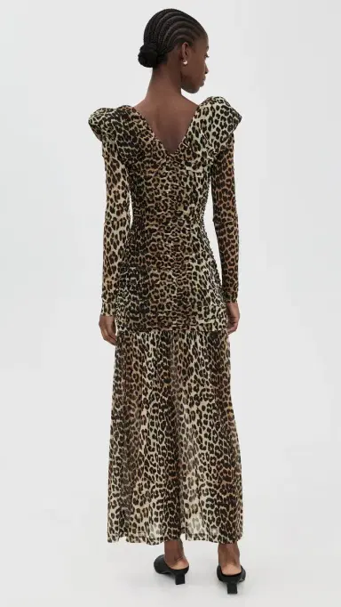 GANNI Printed Mesh Long Ruched Dress Big Leopard Almond Milk | Thumbnail 3 GANNI Printed Mesh Long Ruched Dress Big Leopard Almond Milk | Thumbnail 3