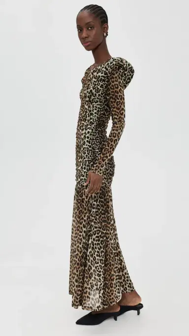 GANNI Printed Mesh Long Ruched Dress Big Leopard Almond Milk | Thumbnail 4 GANNI Printed Mesh Long Ruched Dress Big Leopard Almond Milk | Thumbnail 4