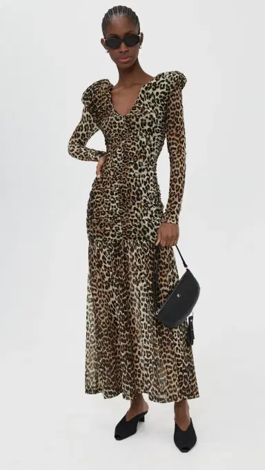 GANNI Printed Mesh Long Ruched Dress Big Leopard Almond Milk | Thumbnail 5 GANNI Printed Mesh Long Ruched Dress Big Leopard Almond Milk | Thumbnail 5