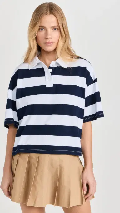 Stateside Navy Rugby Stripe Short Sleeve Boxy Polo White | Thumbnail 2 Stateside Navy Rugby Stripe Short Sleeve Boxy Polo White | Thumbnail 2