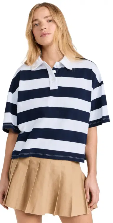 Stateside Navy Rugby Stripe Short Sleeve Boxy Polo White | Thumbnail 1 Stateside Navy Rugby Stripe Short Sleeve Boxy Polo White | Thumbnail 1