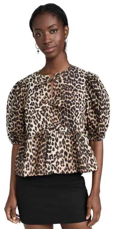 GANNI Printed Cotton Poplin Peplum Blouse Leopard | Thumbnail 1 GANNI Printed Cotton Poplin Peplum Blouse Leopard | Thumbnail 1