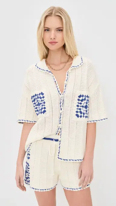 MINKPINK Avalon Crochet hirt White/Blue | Thumbnail 2 MINKPINK Avalon Crochet hirt White/Blue | Thumbnail 2