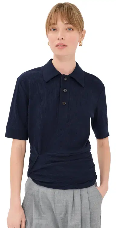 Victoria Beckham Twist Detail Polo Top Navy | Thumbnail 1 Victoria Beckham Twist Detail Polo Top Navy | Thumbnail 1