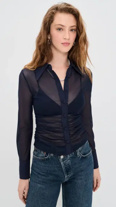 L'AGENCE Isola ong Sleeve Mesh Button Down Midnight | Thumbnail 2 L'AGENCE Isola ong Sleeve Mesh Button Down Midnight | Thumbnail 2