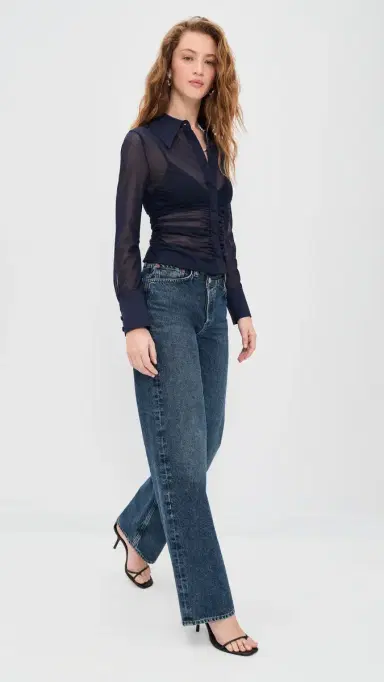 L'AGENCE Isola ong Sleeve Mesh Button Down Midnight | Thumbnail 5 L'AGENCE Isola ong Sleeve Mesh Button Down Midnight | Thumbnail 5