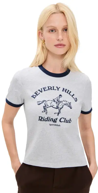 Sporty & Rich RH Riding Club Ringer Tee Heather Grey/Dark Navy | Thumbnail 1 Sporty & Rich RH Riding Club Ringer Tee Heather Grey/Dark Navy | Thumbnail 1