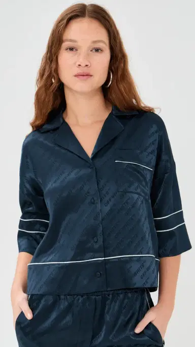 Off-White Jacquard Off Satin Pajama Shirt Blue Iris | Thumbnail 2 Off-White Jacquard Off Satin Pajama Shirt Blue Iris | Thumbnail 2