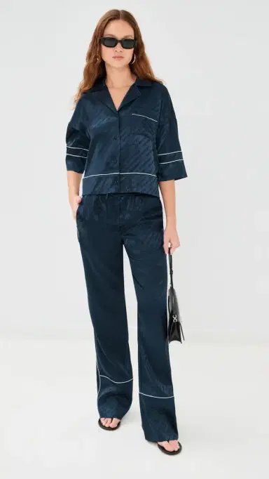 Off-White Jacquard Off Satin Pajama Shirt Blue Iris | Thumbnail 5 Off-White Jacquard Off Satin Pajama Shirt Blue Iris | Thumbnail 5