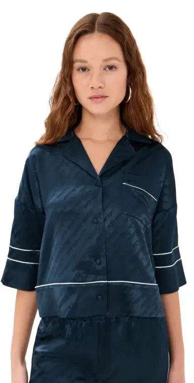Off-White Jacquard Off Satin Pajama Shirt Blue Iris | Thumbnail 1 Off-White Jacquard Off Satin Pajama Shirt Blue Iris | Thumbnail 1